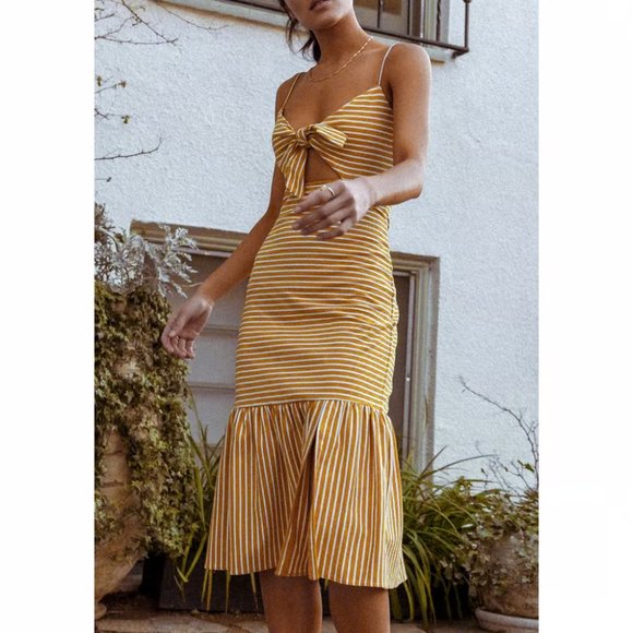 SAYLOR Dresses & Skirts - Saylor Doris Midi Cutout Dress Mustard White Stripe B19
